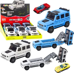 terensko vozilo s skritim avtomobilčkom in izstrelitveno rampo, svetloba in zvok – bela/ modra