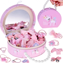 Ljubka škatlica za nakit iz eko usnja z ogledalcem in kompletom okraskov za lase