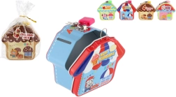 Kovinska hranilnica v obliki hišice z ključavnico, 10 × 10 cm, več barv