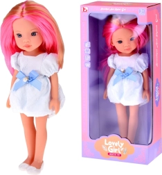 punčka z dolgimi rožnato-blond lasmi v belih oblekah z modro pentljo 33 cm