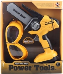 Manual chainsaw with safety goggles