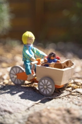 Wooden cargo bike with 2 flexible dolls and a dog