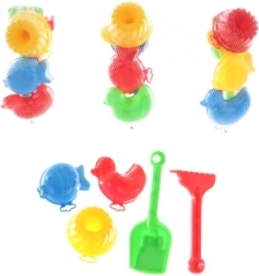 Komplet za pesek z lopatko, grabljicami in modelčki