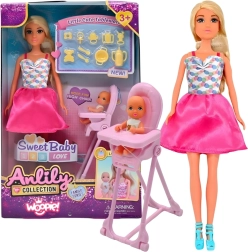 Woopie Royal punčka Lily z dojenčkom in jedilnim stolčkom – set dodatkov