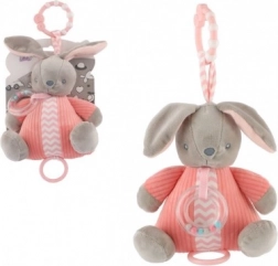 Plišasti zajček z navijalnim glasbenim mehanizmom in ropotuljico, rožnat (18 × 20 cm)