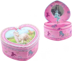 Rožnata srčasta glasbena škatlica za nakit z samorogom in balerino