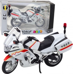 Kovinski motocikel 1:12 z lučmi in zvoki – bel z rdeče‑rumenimi elementi