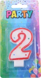 Zabavna svečka številka 2 za torto – bela z rdečim robom in pikami