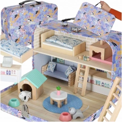 Prenosna lesena hiška v kovčku – hotel za ljubljenčke s pohištvom in figuricami