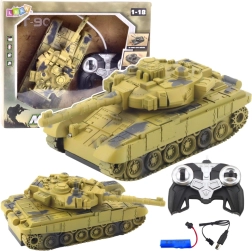 RC tank T-90 1:18 z vrtljivo kupolo, lučmi in zvoki – peščena kamuflaža