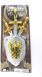 Komplet mečev in ščita v bleščeči srebrni izvedbi