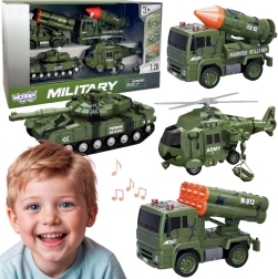WOOPIE komplet vojaških vozil z raketometoma, tankom in helikopterjem, 4 kosi, merilo 1:20