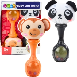 Senzorični ropotuljici z mehko žogico – opička in panda, 2 kosa