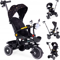 Otroški tricikel z 360° vrtljivim sedežem, vodilno palico in strešico, črn, ECOTOYS