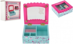 Lesena škatlica za nakit s cvetlicami in ogledalom, turkizno-rožnata