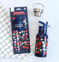 A Little Lovely Company komplet zamaška, krtačke in slamice za steklenico iz nerjavečega jekla 350 ml – Jagode