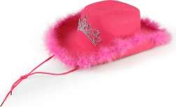 Pink women's cowboy hat with tiara and feather trim