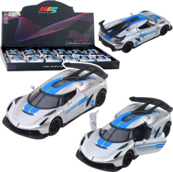 Kovinski športni avtomobilček 1:32 z vzvratnim pogonom in odpirajočimi se vrati – srebrn