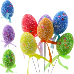 Velikonočna jajčka na žički, barvna z belimi vzorci in trakom, 6 kos