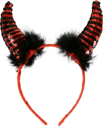 Hudičevi rogovi s bleščicami in perjem na satenski obročnici