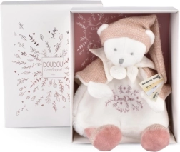 Doudou darilni set – plišasti crkljivec medvedek z rožnato kapico 25 cm