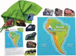 Lesena sestavljanka Južna Amerika in njene živali - 16 koščkov in 10 živali