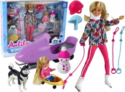 Lutka ANLILY zimski športi s huskyjem in snežnim skuterjem