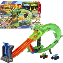 hot wheels monster trucks zmajev dirka – set proge z dvojnim izstreljevalnikom in 2 avtomobiloma