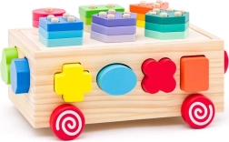 Leseni voziček s sortirnikom oblik in kockami 3 v 1