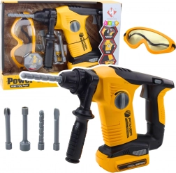 Otroško vrtalno kladivo z zamenljivimi nastavki in zaščitnimi očali rumeno