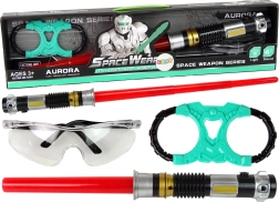 Kozmični komplet: svetlobni meč s turkizno svetlobo in zaščitna očala z zvokom
