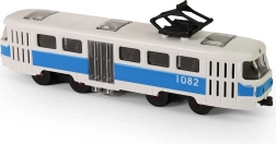 Modri mestni tramvaj na vztrajnik z odpirajočimi se vrati