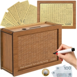 Lesena motivacijska škatlica za prihranke RUHHY s karticami ciljev