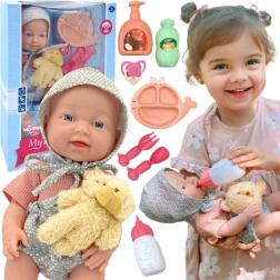 WOOPIE ROYAL Baby Doll 36 cm in Teddy Bear Outfit with Feeding Accessories
