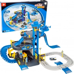 Policijska garaža s postajo, 3 nadstropja z dvigalom, avtomobili in helikopter, 74 delov