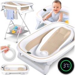 Nukido foldable baby bathtub with stand, thermometer and newborn insert – White-beige