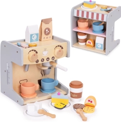 Leseni kavni aparat za otroke 2-v-1 s kavarno in 26 dodatki ECOTOYS