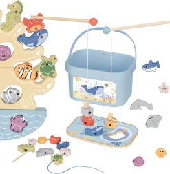 Lesena morska igra 3v1: ravnotežni stolp, magnetni ribolov in nizanje – 23 delov