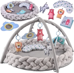 Baby play mat with activity gym, toys and knitted bumper