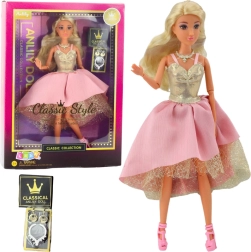 Lutka ANLILY v elegantni zlato-rožnati plesni obleki z dodatki