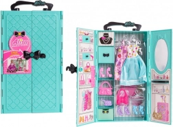 Modra garderobna omara z oblačili in dodatki za punčke