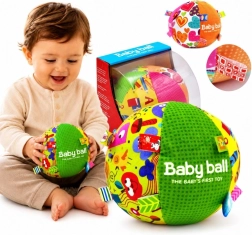 Mehka senzorična žogica Woopie Baby z zavihki in zvočnim elementom
