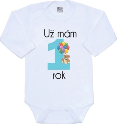 Otroško bodi s potiskom New Baby Že imam 1 leto, modro, vel. 86