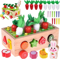 Leseni montessori vrtičkarjski voziček s pobiranjem korenja, oblikami in magnetnimi črvički