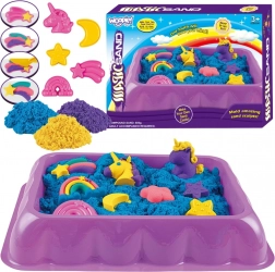 kinetični pesek 0,6 kg samorogi in mavrice s stojalom in modelčki Woopie