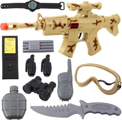 Vojaški komplet s puško in dodatki, zvok strela, peščena kamuflaža