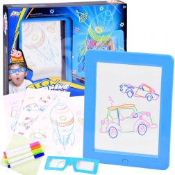 Osvetljena risalna tabla s 3D očali in neonskimi flomastri – Modra