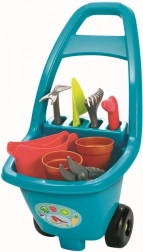 Vrtni voziček za otroke z orodjem, lončki za rože in zalivalko