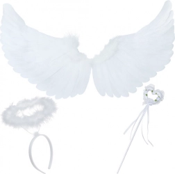 angelska krila z avreolo in srčkasto paličico RUHHY – bela 3-delna seta