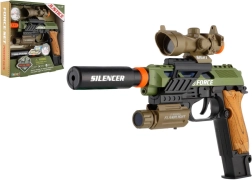 Plastična pištola s svetlobo in zvokom na baterije z dodatki